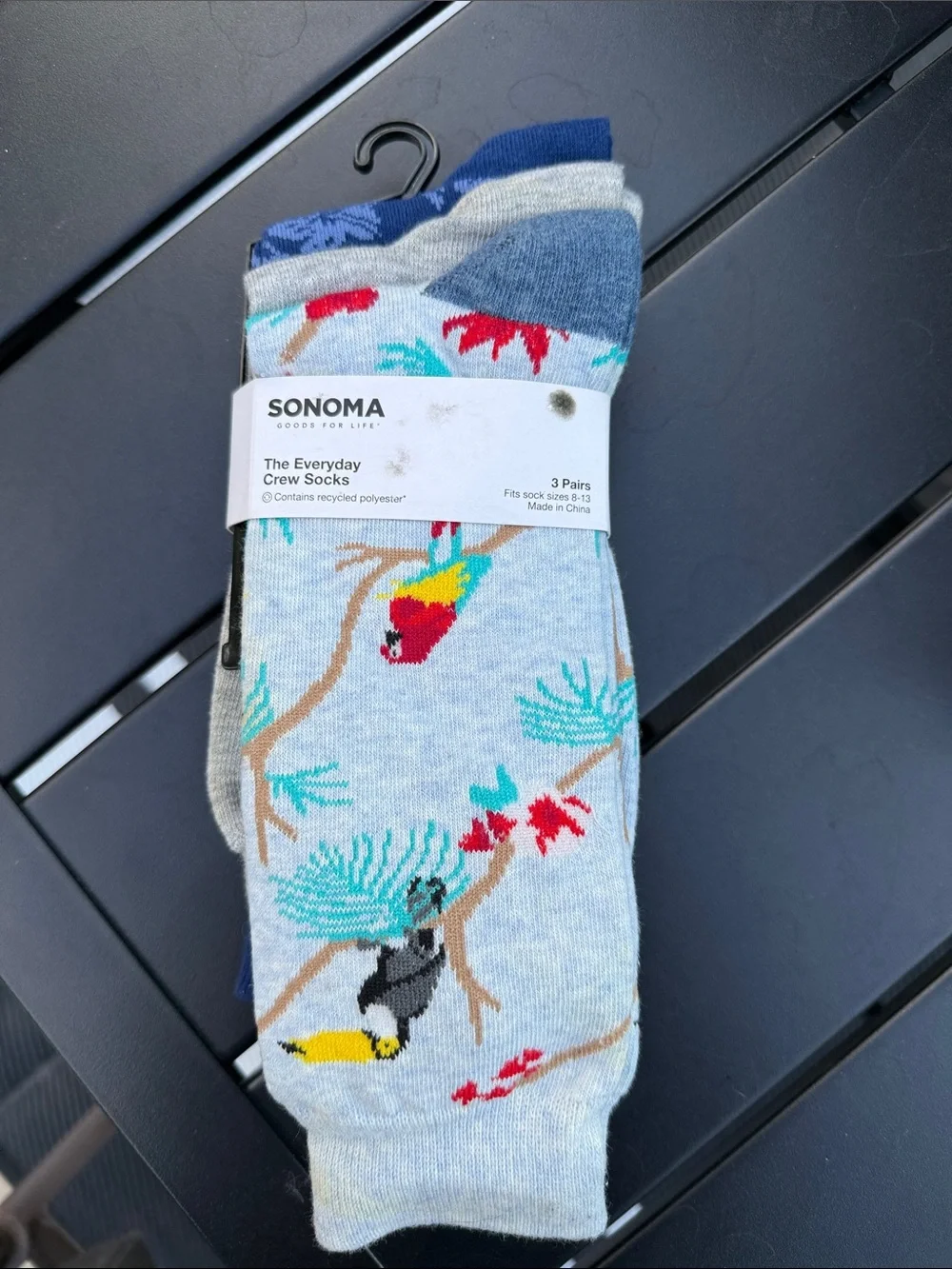 Sonoma Crew Socks - Light Blue with Multicolor Parrot Pattern (3-Pack)